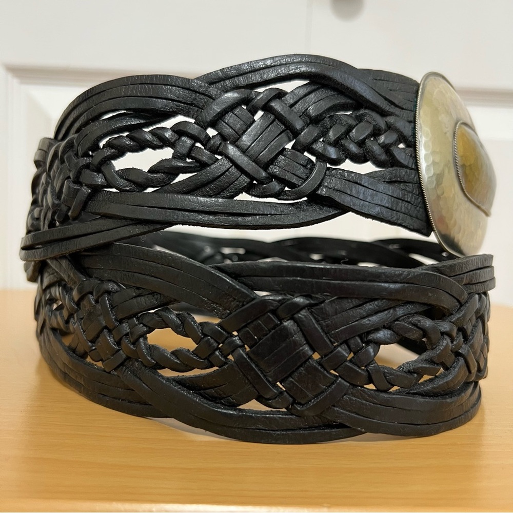 Chico’s Wide Braided Black Leather Belt w/ Large Silver & Brass Metal Buckle S/M - Picture 8 of 15